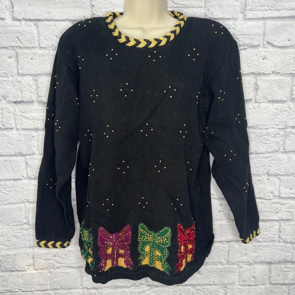 Vintage 90s Christmas Sweater Womens L Black Beaded Presents Gifts Ugly Grandma
